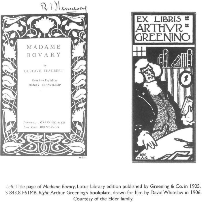 Left: Title page of Madame Bovary, Lotus Library edition published by Greening & Co. in 1905. S 843.8 F61MB. 