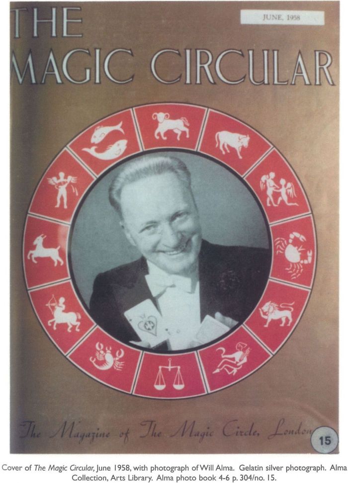 Cover of The Magic Circular, June 1958, with photograph of Will Alma. Gelatin silver photograph. Alma Collection, Arts Library. Alma photo book 4-6 p. 304/no. 15.