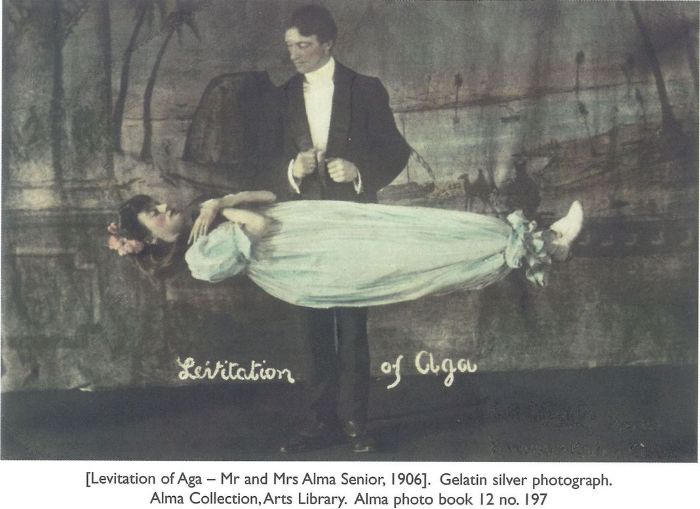 [Levitation of Aga — Mr and Mrs Alma Senior, 1906]. Gelatin silver photograph. Alma Collection, Arts Library. Alma photo book 12 no. 197