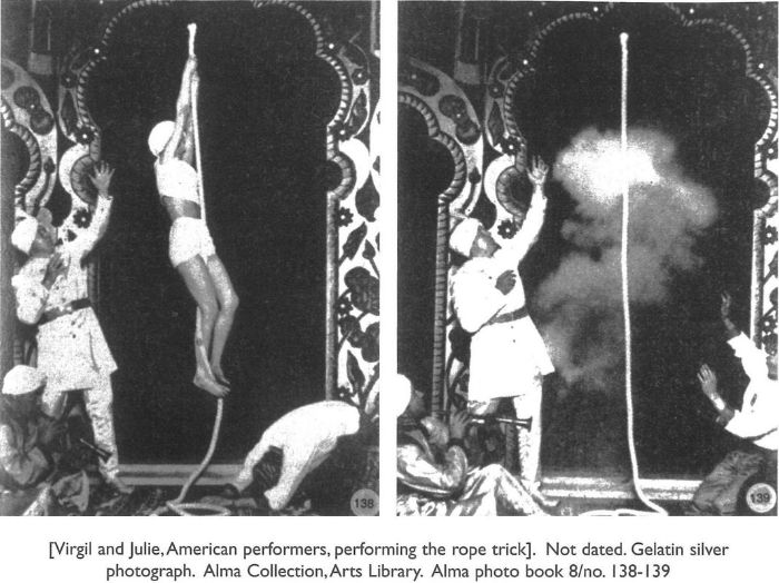 [Virgil and Julie, American performers, performing the rope trick]. Not dated. Gelatin silver photograph. Alma Collection, Arts Library. Alma photo book 8/no. 138-139