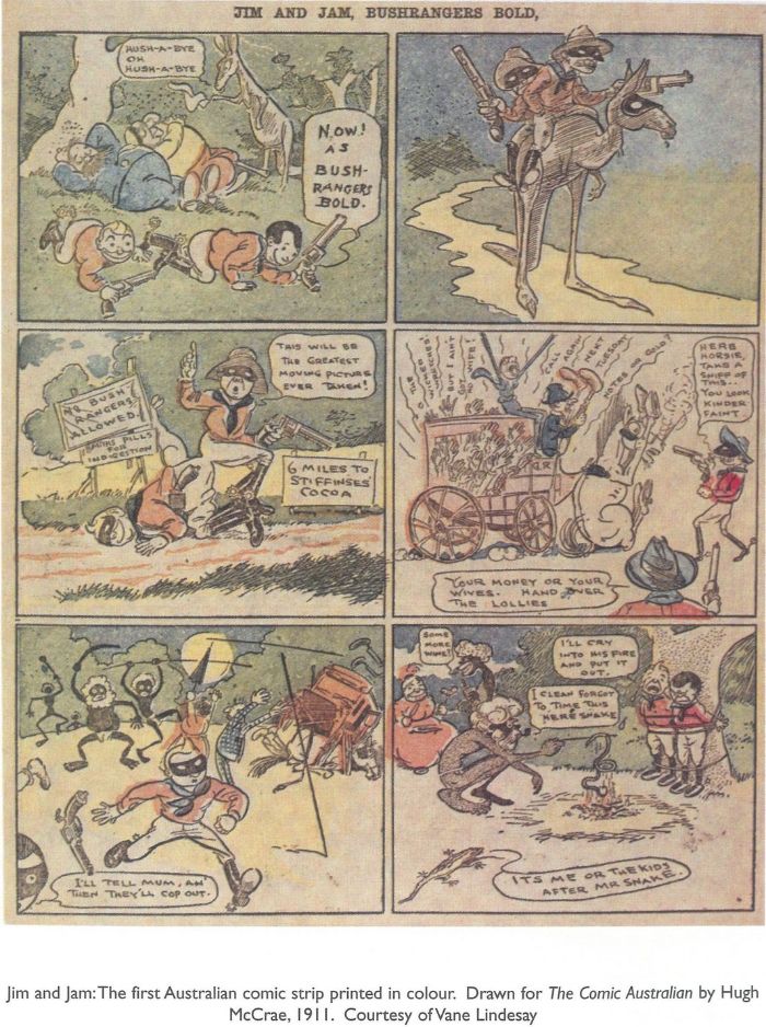 Jim and Jam: The first Australian comic strip printed in colour. Drawn for The Comic Australian by Hugh McCrae, 1911. Courtesy of Vane Lindesay