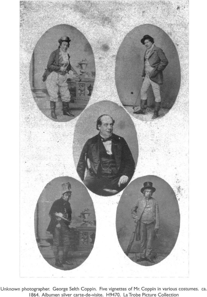 Unknown photographer. George Selth Coppin. Five vignettes of Mr. Coppin in various costumes. ca. 1864. Albumen silver carte-de-visite. H9470. La Trobe Picture Collection