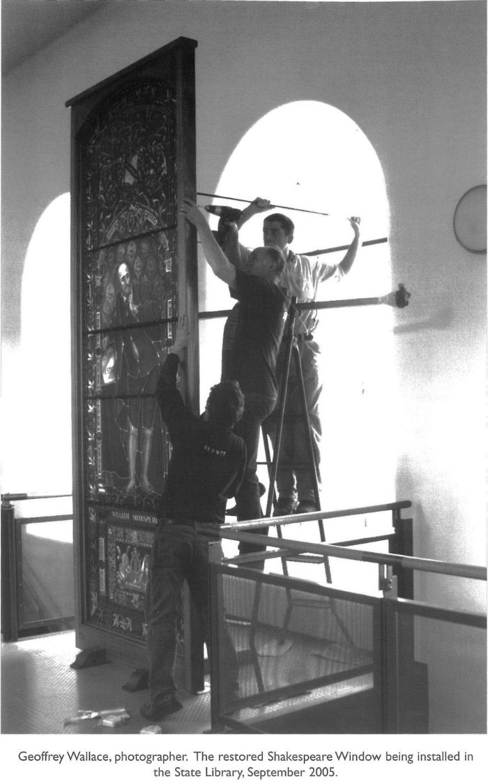 Geoffrey Wallace, photographer. The restored Shakespeare Window being installed in the State Library, September 2005.