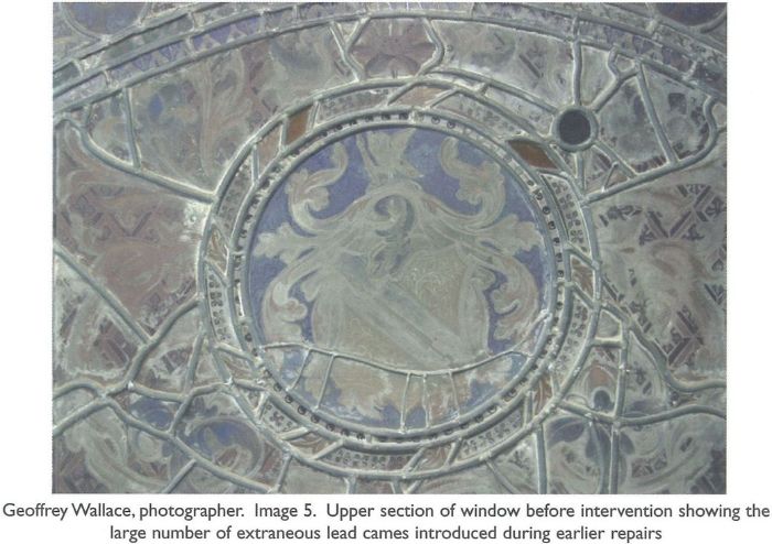 Geoffrey Wallace, photographer. Image 5. Upper section of window before intervention showing the large number of extraneous lead cames introduced during earlier repairs