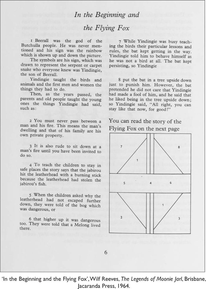 In the Beginning and the Flying Fox',  Wilf Reeves,The Legends of Moonie Jarl, Brisbane, Jacaranda Press, 1964. [book page]