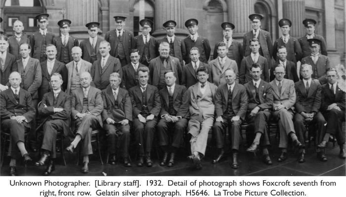 Unknown Photographer. Library staff. 1932. Detail of photograph shows Foxcroft seventh from right, front row. Gelatin silver photograph. H5646. La Trobe Picture Collection. [photograph]
