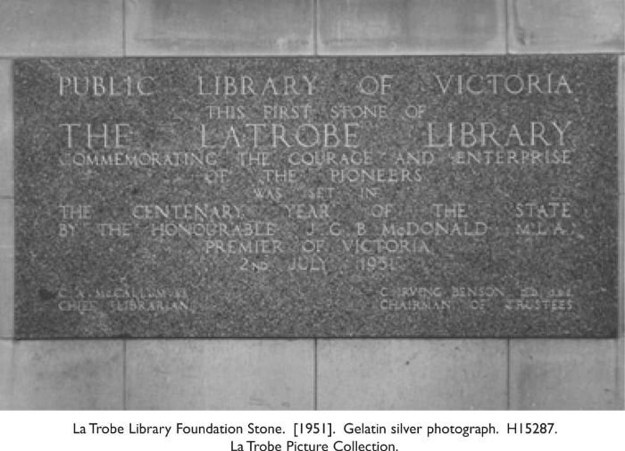 La Trobe Library Foundation Stone. 1951. Gelatin silver photograph. H15287. La Trobe Picture Collection. [photograph]