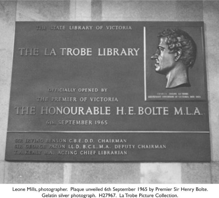 Leone Mills, photographer. Plaque unveiled 6th September 1965 by Premier Sir Henry Bolte. Gelatin silver photograph. H27967. La Trobe Picture Collection. [photograph]