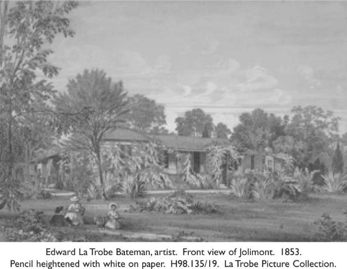 Edward La Trobe Bateman, artist. Front view of Jolimont. 1853. Pencil heightened with white on paper. H98.135/19. La Trobe Picture Collection. [pencil drawing with white]