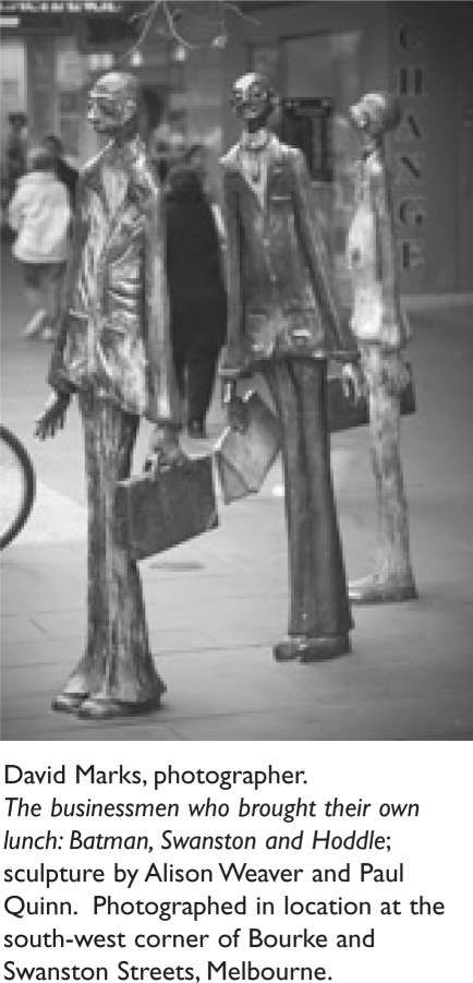 David Marks, photographer. The businessmen who brought their own lunch: Batman, Swanston and Hoddle; sculpture by AlisonWeaver and Paul Quinn. Photographed in location at the south-west corner of Bourke and Swanston Streets, Melbourne. [photograph of sculptures]