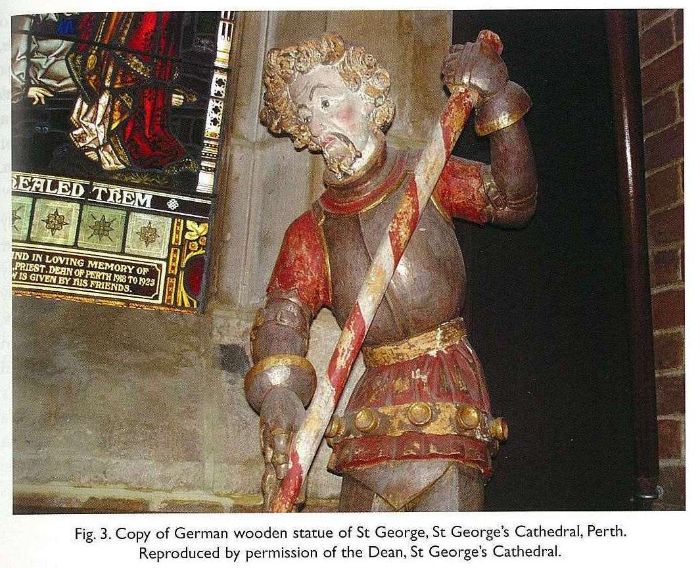 Fig. 3. Copy of German wooden statue of St George, St George’s Cathedral, Perth. Reproduced by permission of the Dean, St George’s Cathedral. [colour photograph]