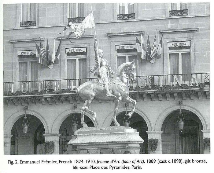 Fig. 2. Emmanuel Frémiet, French 1824-1910. Jeanne d’Arc (Joan of Arc), 1889 (cast c.1898), gilt bronze, life-size. Place des Pyramides, Paris. [black and white photograph of statue]