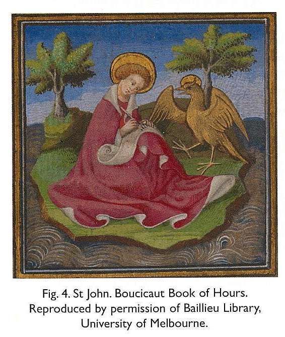 Fig. 4. St John. Boucicaut Book of Hours. Reproduced by permission of Baillieu Library, University of Melbourne.  [colour illustration]
