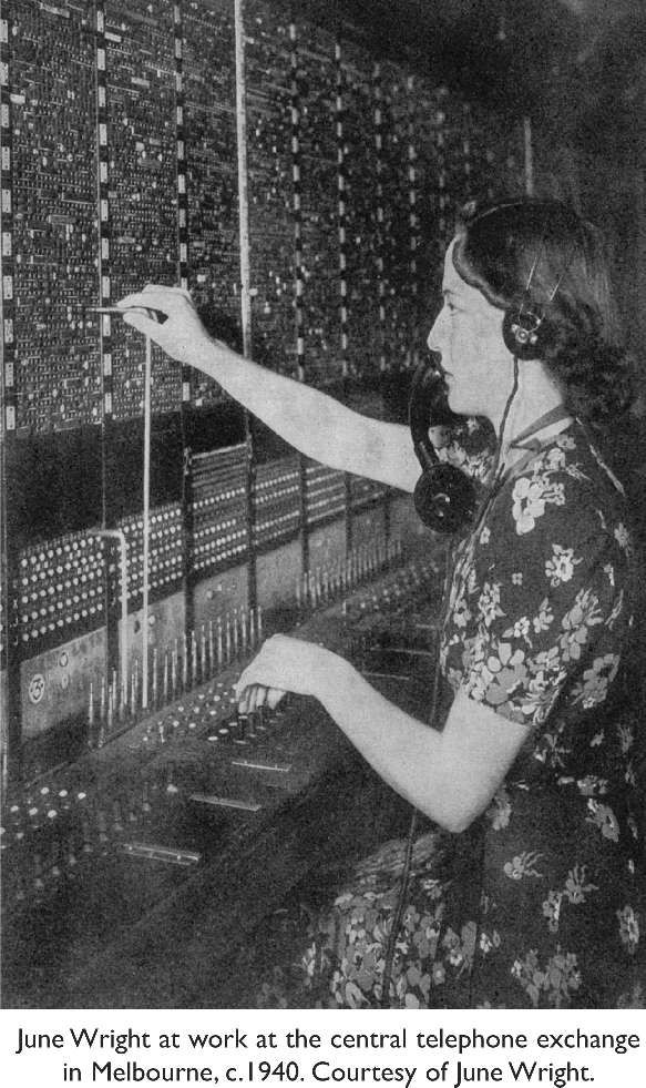 June Wright at work at the central telephone exchange in Melbourne, c.1940. Courtesy of JuneWright. [photograph]