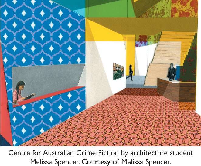 Architectural illustration, collage. Centre for Australian Crime Fiction by architecture student Melissa Spencer. Courtesy of Melissa Spencer. [architectural illustration]