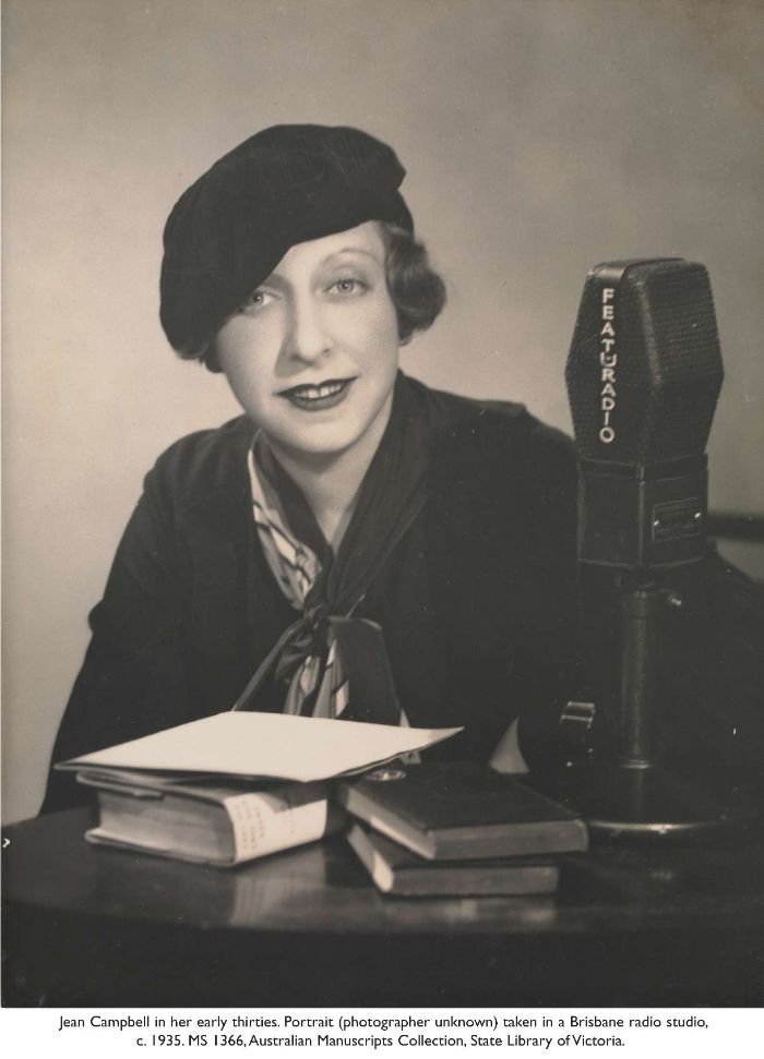 Jean Campbell in her early thirties. Portrait (photographer unknown) taken in a Brisbane radio studio, c. 1935. MS 1366,Australian Manuscripts Collection, State Library of Victoria. [photograph]