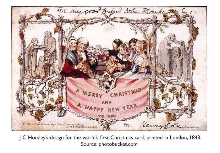 J C Horsley’s design for the world’s first Christmas card, printed in London, 1843.Source: photobucket.com [printed card]