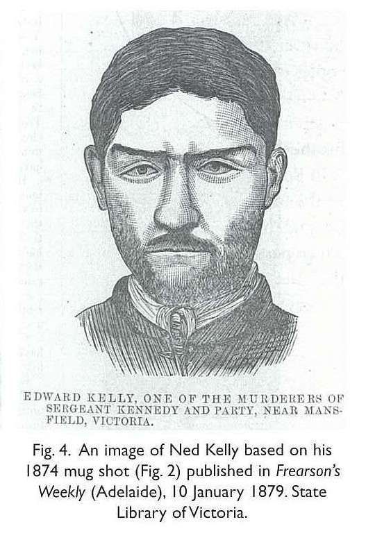 Fig. 4. An image of Ned Kelly based on his 1874 mug shot (Fig. 2) published in Frearson’s Weekly (Adelaide), 10 January 1879. State Library of Victoria. [newspaper illustration, engraving]
