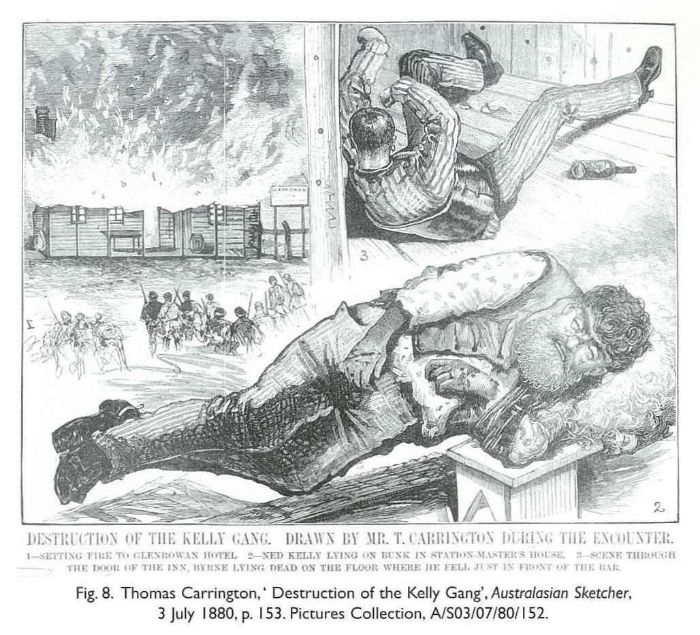 Fig. 8. Thomas Carrington, ‘ Destruction of the Kelly Gang’, Australasian Sketcher, 3 July 1880, p. 153. With caption '1. Setting fire to the Glenrowan Hotel, 2. Ned Kelly lying on bunk in station-master's house, 3. Scene through the door of the inn, Byrne lying dead on the floor where he fell just in front of the bar' Pictures Collection, A/S03/07/80/152.