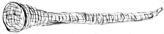 Figure 12 Eel basket (arrabine), a series of which were used in association with a stake and branch fishing weir, Moyne River (Robinson journal, 30 April 1841). Courtesy of the Mitchell Collection, State Library of New South Wales. [drawing]