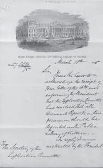 Letter dated 18 March 1875 from Henry Sheffield, Librarian at the Melbourne Public Library, accepting the Exploration Committee’s offer of depositing the expedition’s records at the Library. MS 13071 (Box 2079/2). [letter]