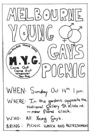 Poster for Melbourne Young Gay’s functions reproduced in Bill Calder’s Lavender Youth: a history of Melbourne’s Young Gays, Sep 79 – Jan 81, [Melbourne: The Author 1985]. [Poster]